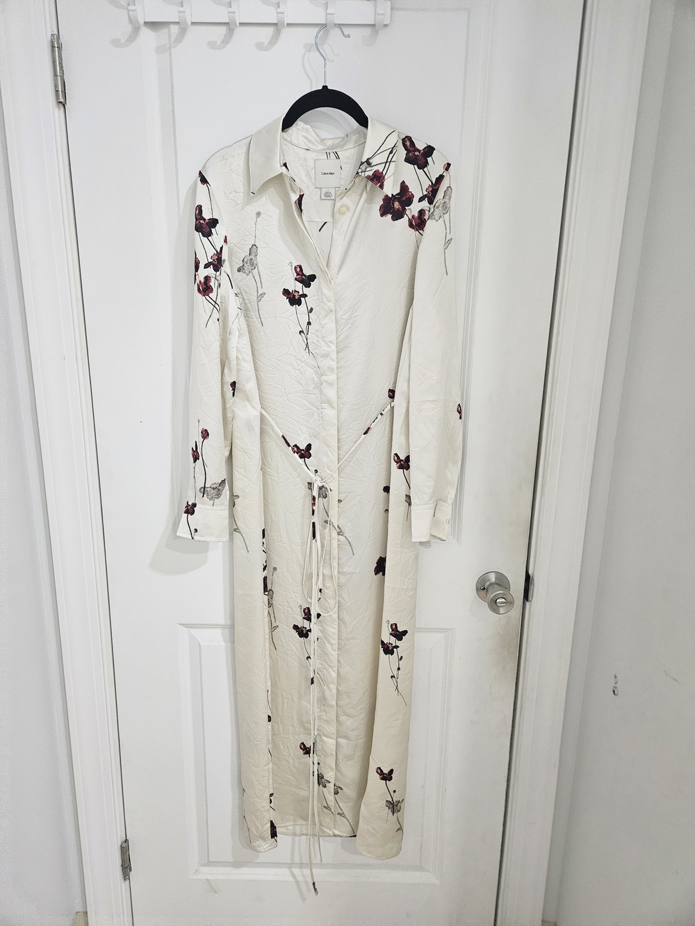 Calvin Klein Cream Maxi Shirt Dress with Burgundy Floral Print